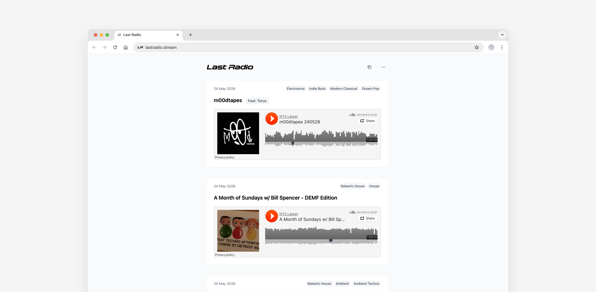 Last Radio interface showing chronological NTS Radio feeds.